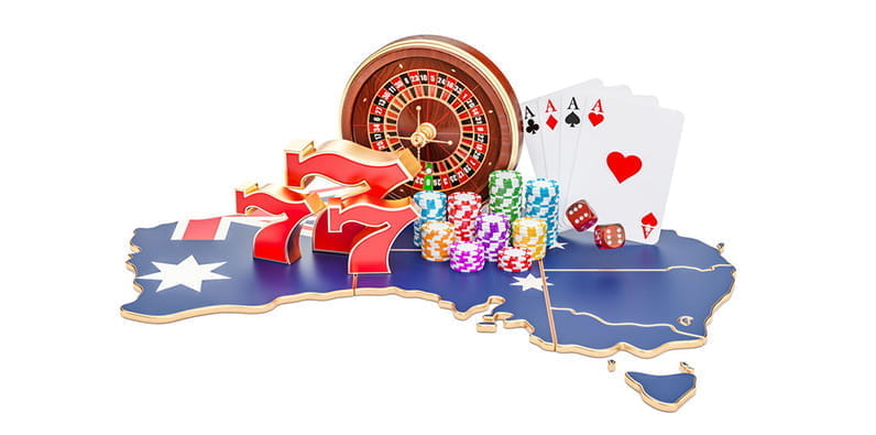Le continent Australie avec des cartes à jouer, des jetons de casino et une roue de roulette