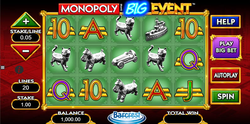 Écran initial de la machine à sous Monopoly Big Event de SG Interactive