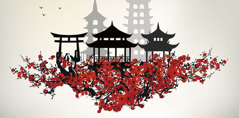 Une pagode asiatique et un arbre aux fleurs rouges