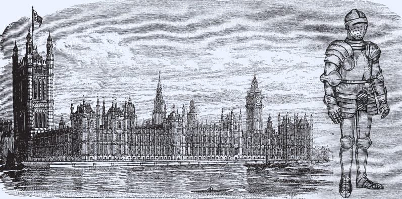 Une armure et le parlement britannique